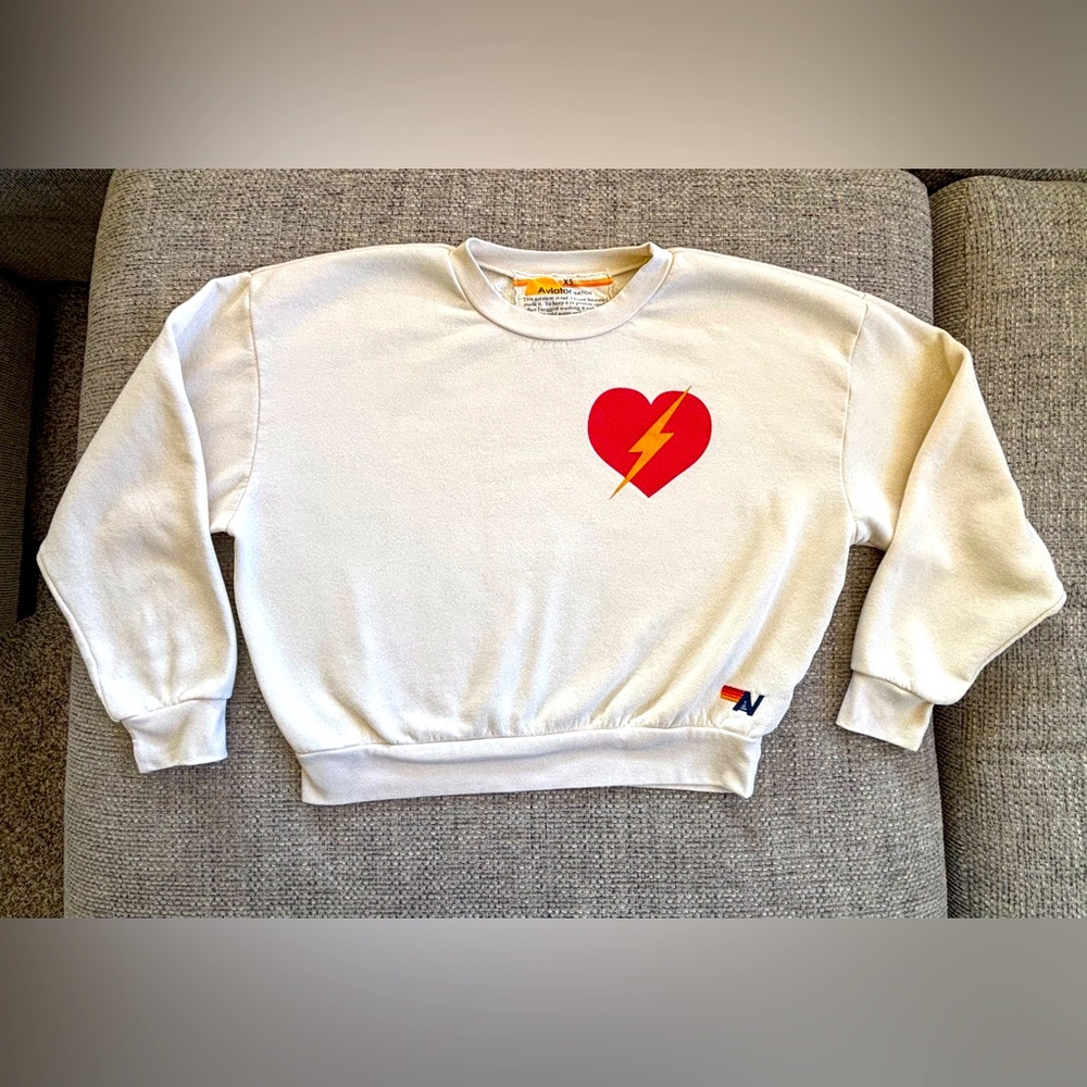 Aviator Nation Vintage White ❤️ Heart Relaxed Fit Sweatshirt Size Extra Small